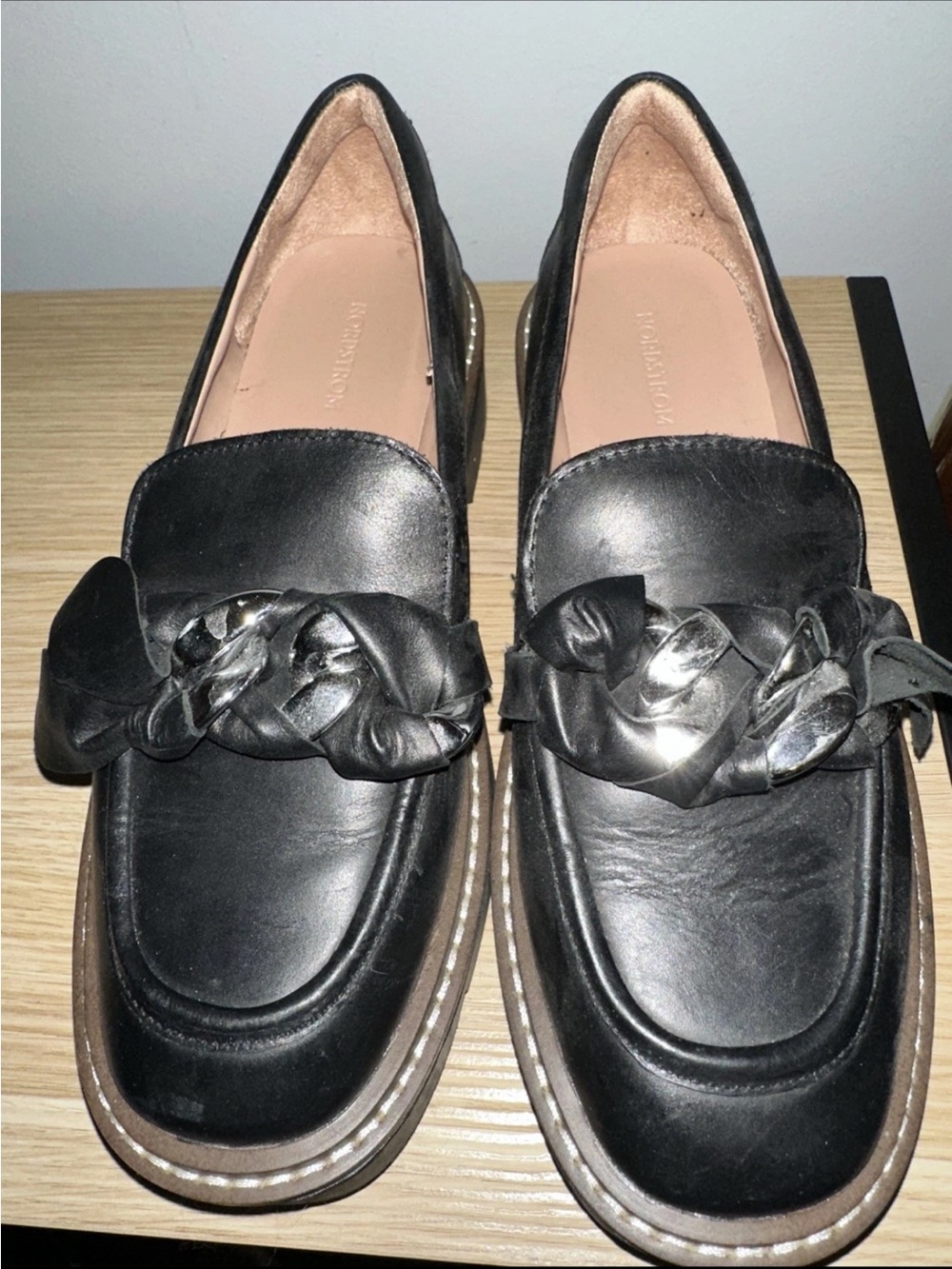 Nordstrom Black Leather Loafers with Braided Chain Accent